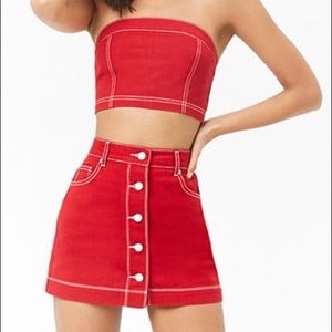 Pull-Ring Denim Tube Top and Skirt Two Piece